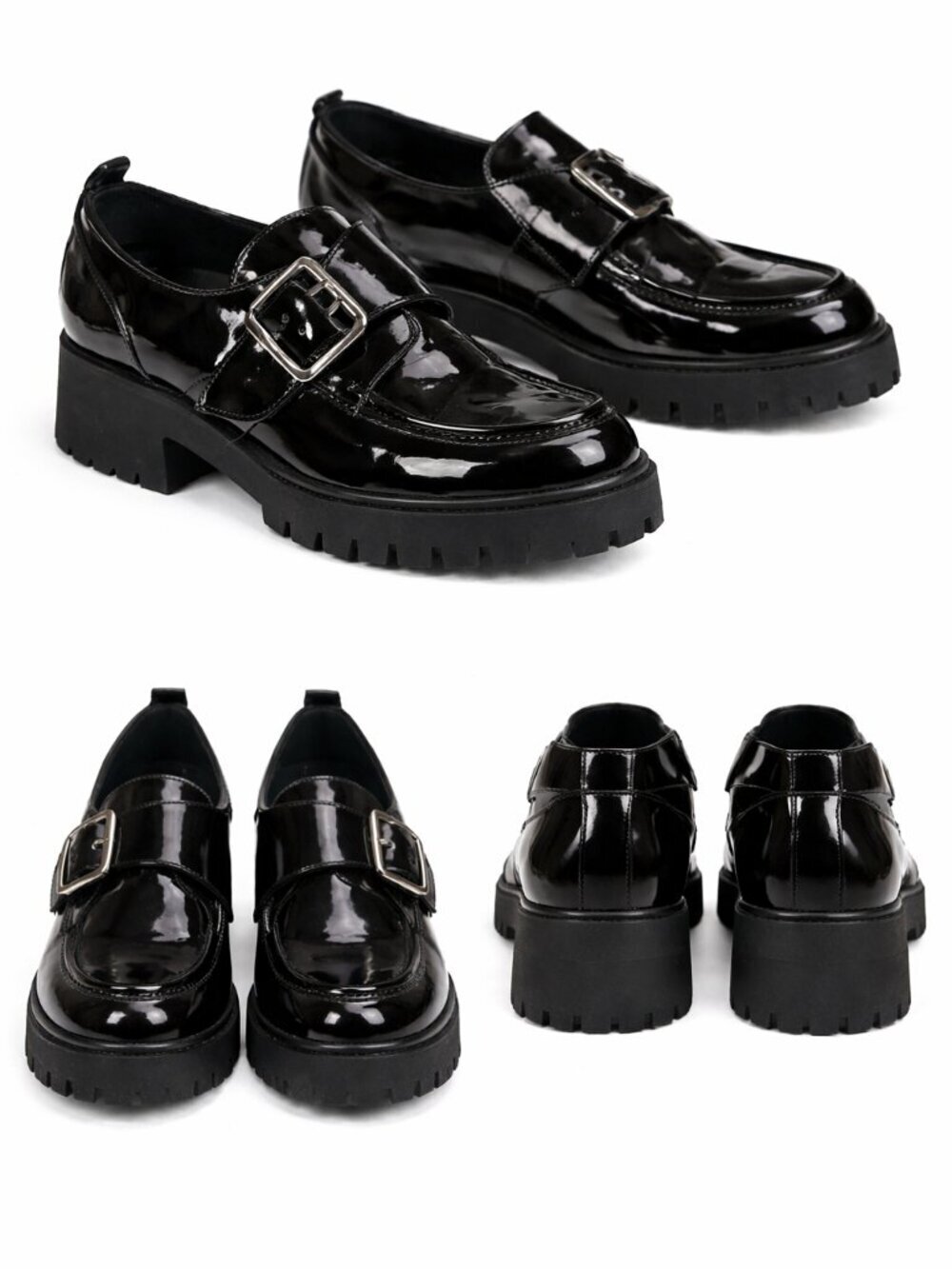 Marc Fisher Hazelton Loafers Black Patent Lug Sole Buckle Shoes Size 11M Preppy